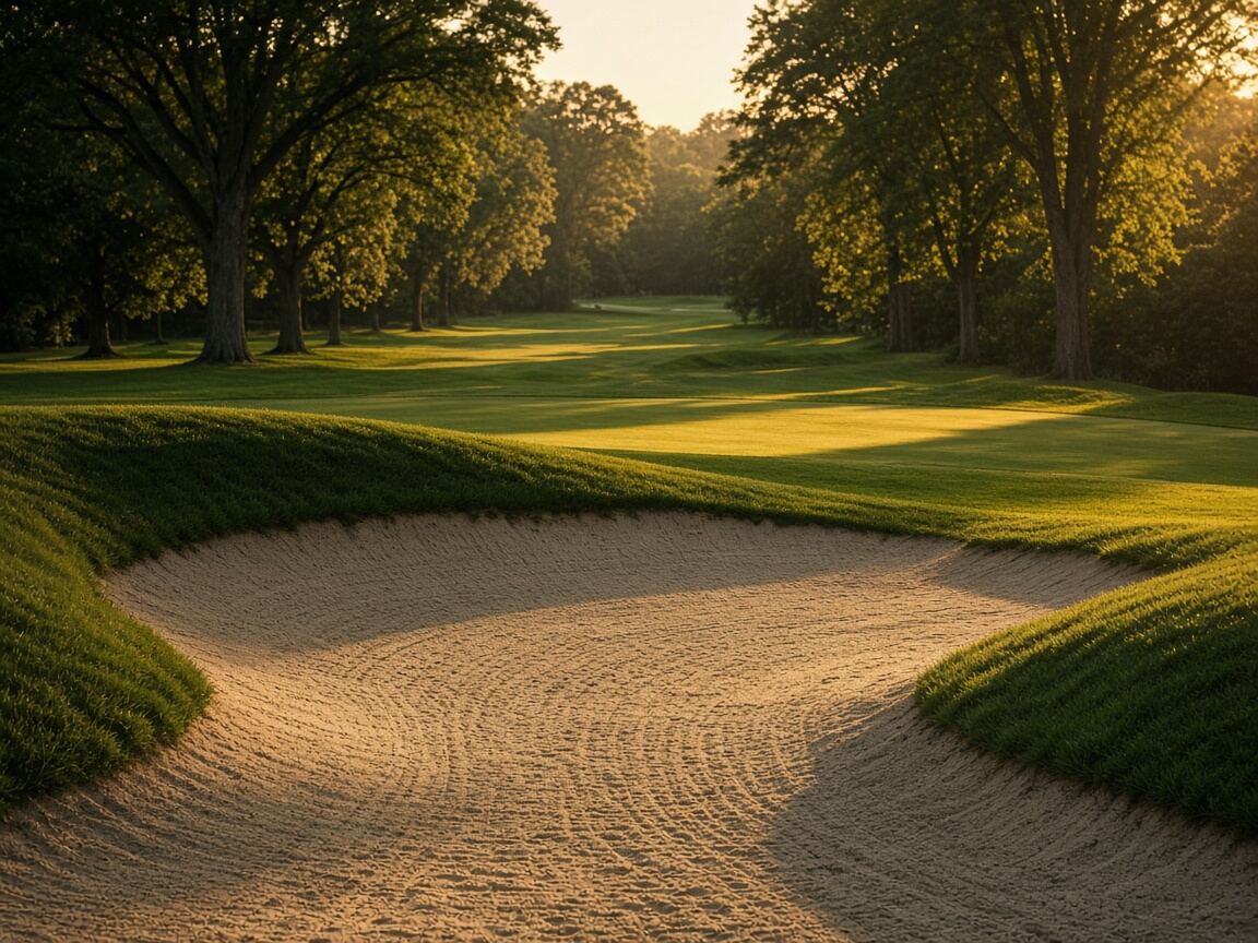 A raked bunker beside a tree-lined fairway