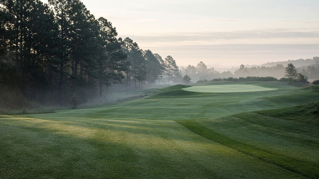 A fairway in morning light, lined with pines